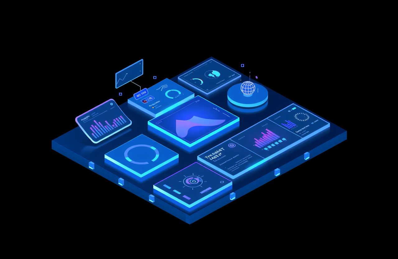 H3 platform dashboard with floating UI panels and data visualizations